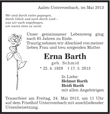 Traueranzeige von Erna Barth von Schwäbische Post