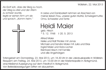 Traueranzeige von Heidi Maier von Schwäbische Post