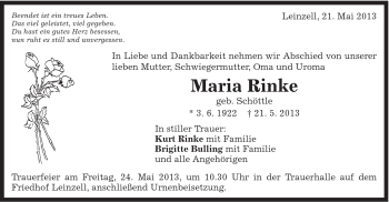 Traueranzeige von Maria Rinke von Gmünder Tagespost