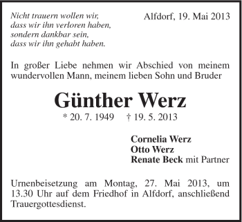 Traueranzeige von Günther Werz von Gmünder Tagespost