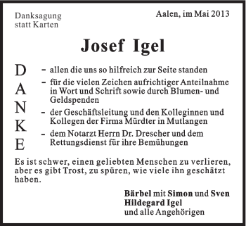 Traueranzeige von Josef Igel von Gmünder Tagespost
