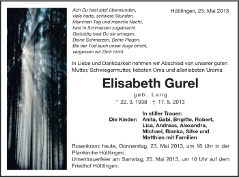 Traueranzeige von Elisabeth Gurel von Schwäbische Post