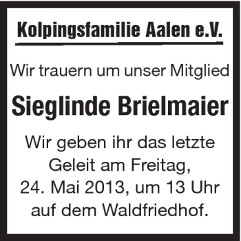 Traueranzeige von Sieglinde Brielmaier von Schwäbische Post