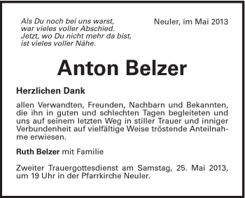 Traueranzeige von Anton Belzer von Schwäbische Post