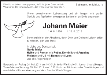 Traueranzeige von Johann Maier von Gmünder Tagespost