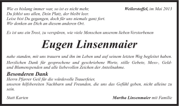Traueranzeige von Eugen Linsenmaier von Gmünder Tagespost