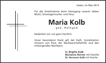 Traueranzeige von Maria Kolb von Schwäbische Post
