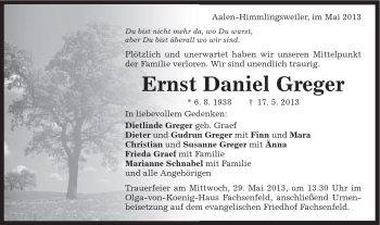 Traueranzeige von Ernst Daniel Greger von Schwäbische Post