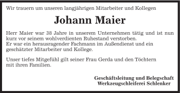 Traueranzeige von Johann Maier von Gmünder Tagespost