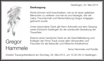Traueranzeige von Gregor Hammele von Schwäbische Post