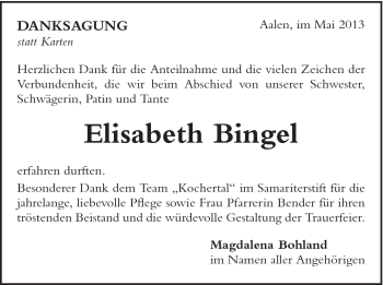 Traueranzeige von Elisabeth Bingel von Schwäbische Post