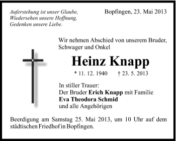 Traueranzeige von Heinz Knapp von Schwäbische Post
