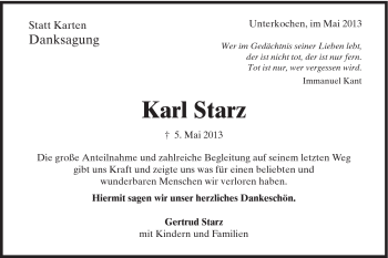 Traueranzeige von Karl Starz von Schwäbische Post