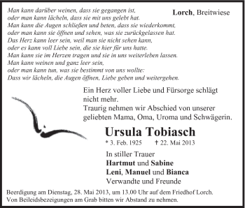 Traueranzeige von Ursula Tobiasch von Gmünder Tagespost