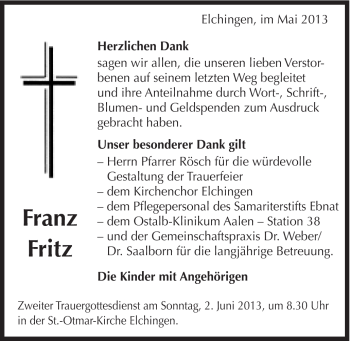 Traueranzeige von Franz Fritz von Schwäbische Post