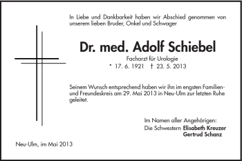 Traueranzeige von Adolf Schiebel von Schwäbische Post