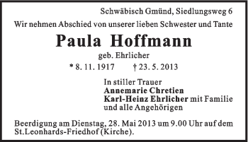 Traueranzeige von Paula Hoffmann von Gmünder Tagespost