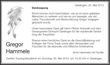 Traueranzeige von Gregor Hammele von Schwäbische Post