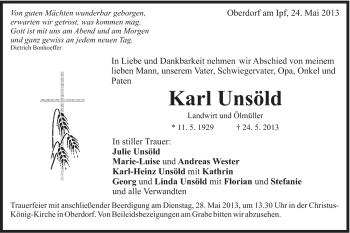 Traueranzeige von Karl Unsöld von Schwäbische Post