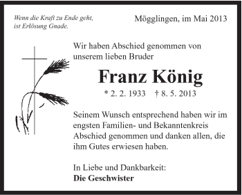 Traueranzeige von Franz König von Gmünder Tagespost