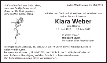 Traueranzeige von Klara Weber von Schwäbische Post
