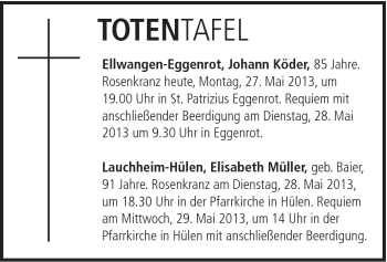 Traueranzeige von Johann Köder von Schwäbische Post