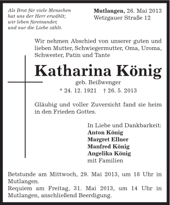 Traueranzeige von Katharina König von Gmünder Tagespost