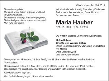 Traueranzeige von Hauber Maria von Schwäbische Post