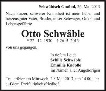 Traueranzeige von Otto Schwäble von Gmünder Tagespost