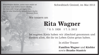Traueranzeige von Rita Wagner von Gmünder Tagespost