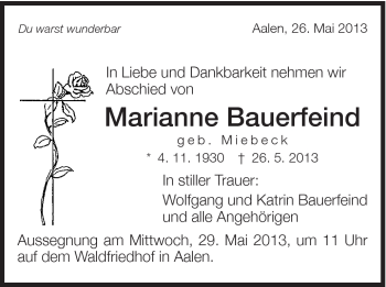 Traueranzeige von Marianne Bauernfeind von Schwäbische Post