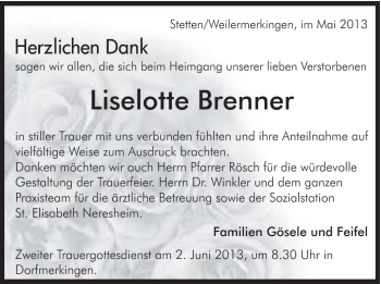 Traueranzeige von Liselotte Brenner von Schwäbische Post