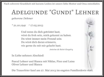 Traueranzeige von Adelgunde Lehner von Gmünder Tagespost