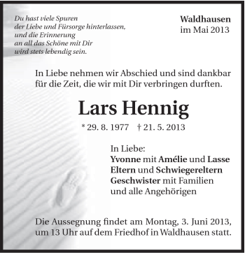 Traueranzeige von Lars Hennig von Gmünder Tagespost