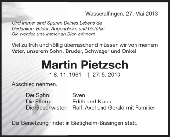 Traueranzeige von Martin Pietzsch von Schwäbische Post