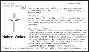 Traueranzeige von Hubert Walter von Schwäbische Post