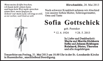 Traueranzeige von Sofia Gottschick von Gmünder Tagespost