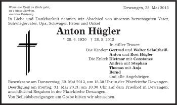 Traueranzeige von Anaton Hügler von Schwäbische Post