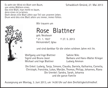 Traueranzeige von Rose Blattner von Gmünder Tagespost