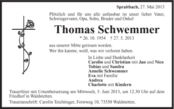 Traueranzeige von Thomas Schwemmer von Gmünder Tagespost