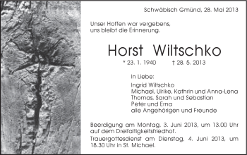 Traueranzeige von Horst Wiltschko von Gmünder Tagespost