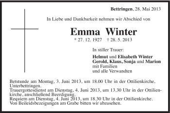 Traueranzeige von Emma Winter von Gmünder Tagespost