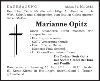 Traueranzeige von Marianne Opitz von Schwäbische Post