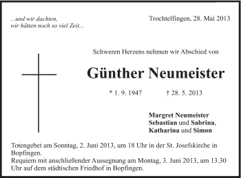 Traueranzeige von Günther Neumeister von Schwäbische Post