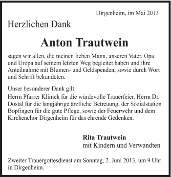 Traueranzeige von Anton Trautwein von Schwäbische Post