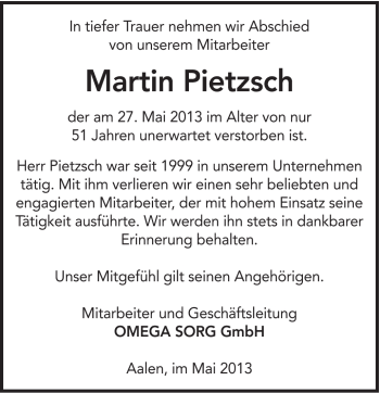 Traueranzeige von Martin Pietzsch von Schwäbische Post