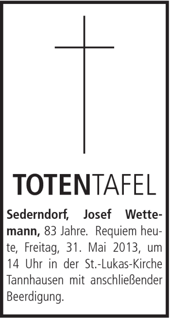 Traueranzeige von Josef Wettemann von Schwäbische Post