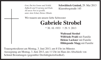 Traueranzeige von Gabriele Strobel von Gmünder Tagespost