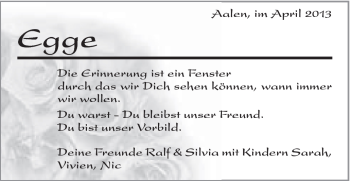 Traueranzeige von Egge . von Schwäbische Post