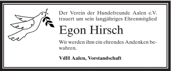 Traueranzeige von Egon Hirsch von Schwäbische Post